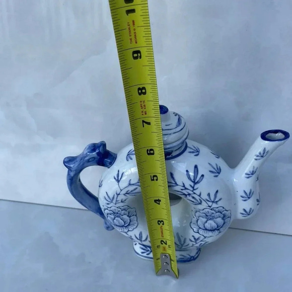 Vintage Collection Doughnut Shape Floral Print Chinese Porcelain Teapot Blue Whi - Picture 2 of 8